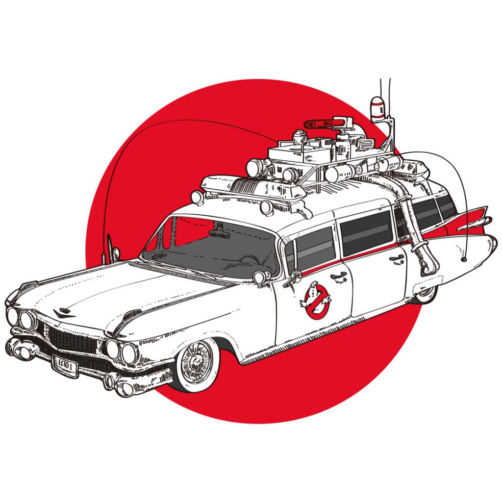 Ilustración del coche Ecto 1 (Ectomobile), de la película Ghostbusters de 1984. El chasis de un "Cadillac professional" de 1959.
