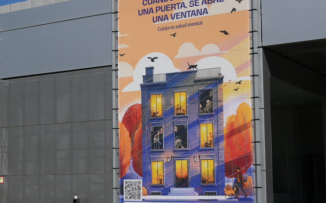 Ilustración sobre salud mental convertida en pancarta de 6 metros en Madrid